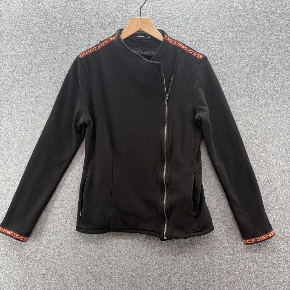 Saint Sofia Jacket Womens 10 Black Organic Cotton Biker Zip Leopard Trim Casual